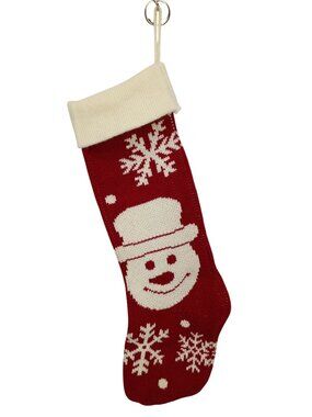 Snowman & Snowflake Knitted Christmas Stocking Red & White Holiday Decoration